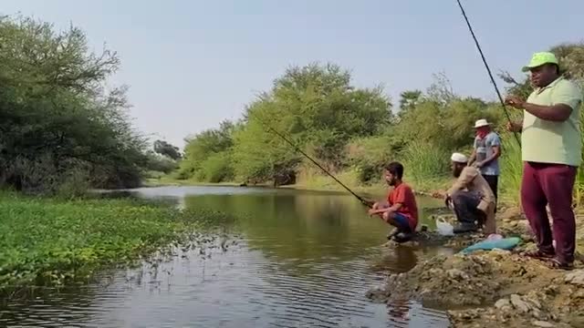 ماهیگیری دسته جمعی با قلاب در رودخانه