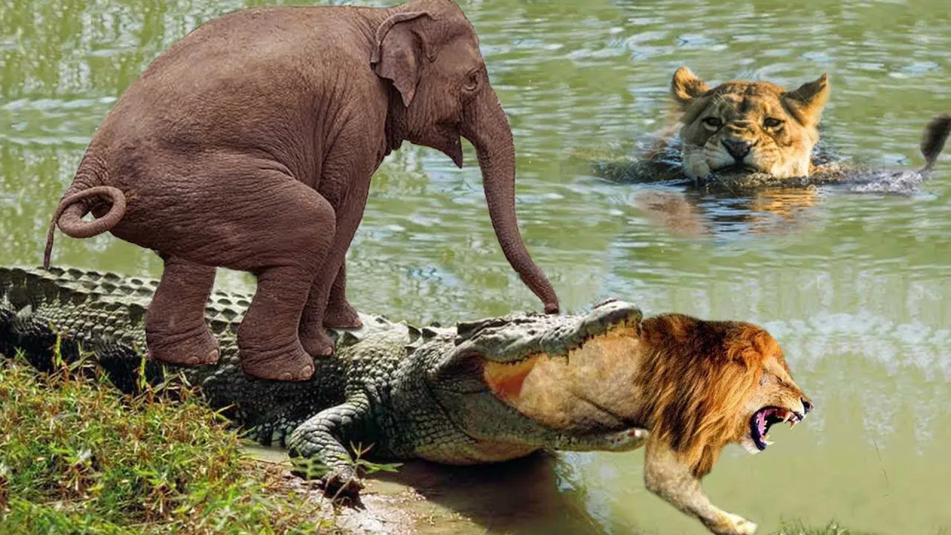 مستند حیات وحش - رازبقا - شیر و فیل در حال تلاش برای فرار از حمله کروکودیل