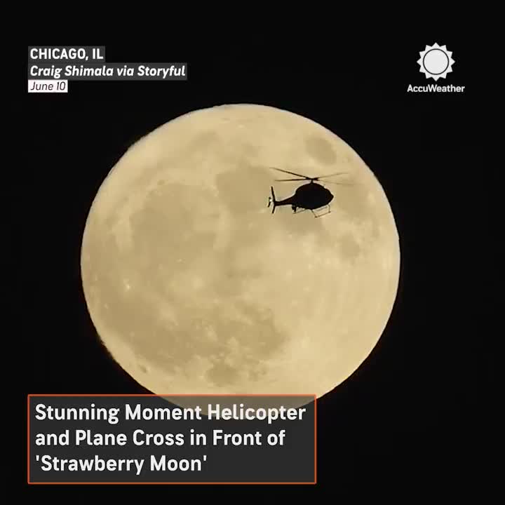   ویدیویی استثنایی از ثبت لحظه پرواز هم‌زمان بالگرد و هواپیما در برابر ماه کامل توت فرنگی