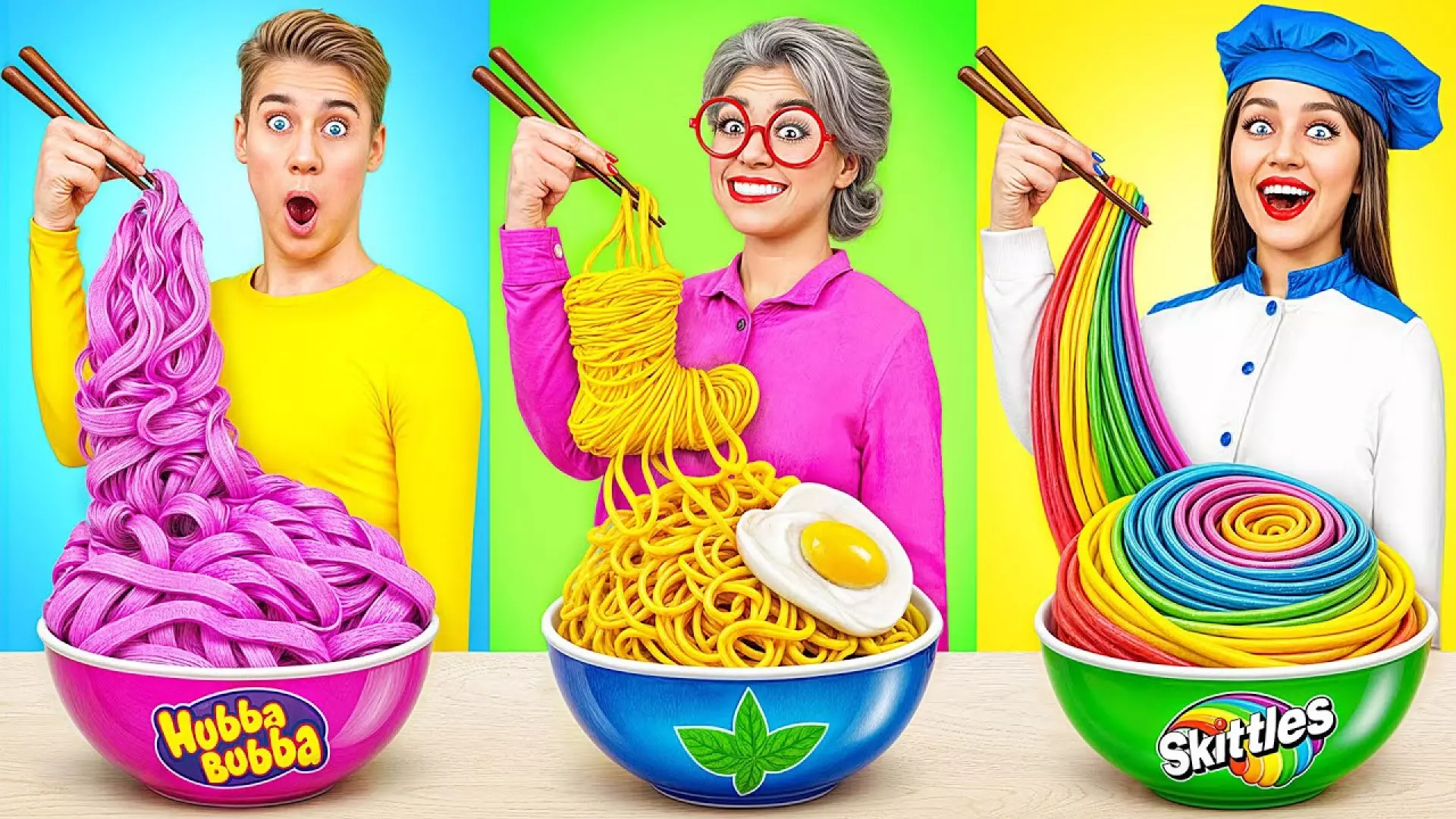 چالش غذاهاچالی رنگین کمانی /چالش خوردن با چوب غذاخوری/چالش سریع ترین غذا خور