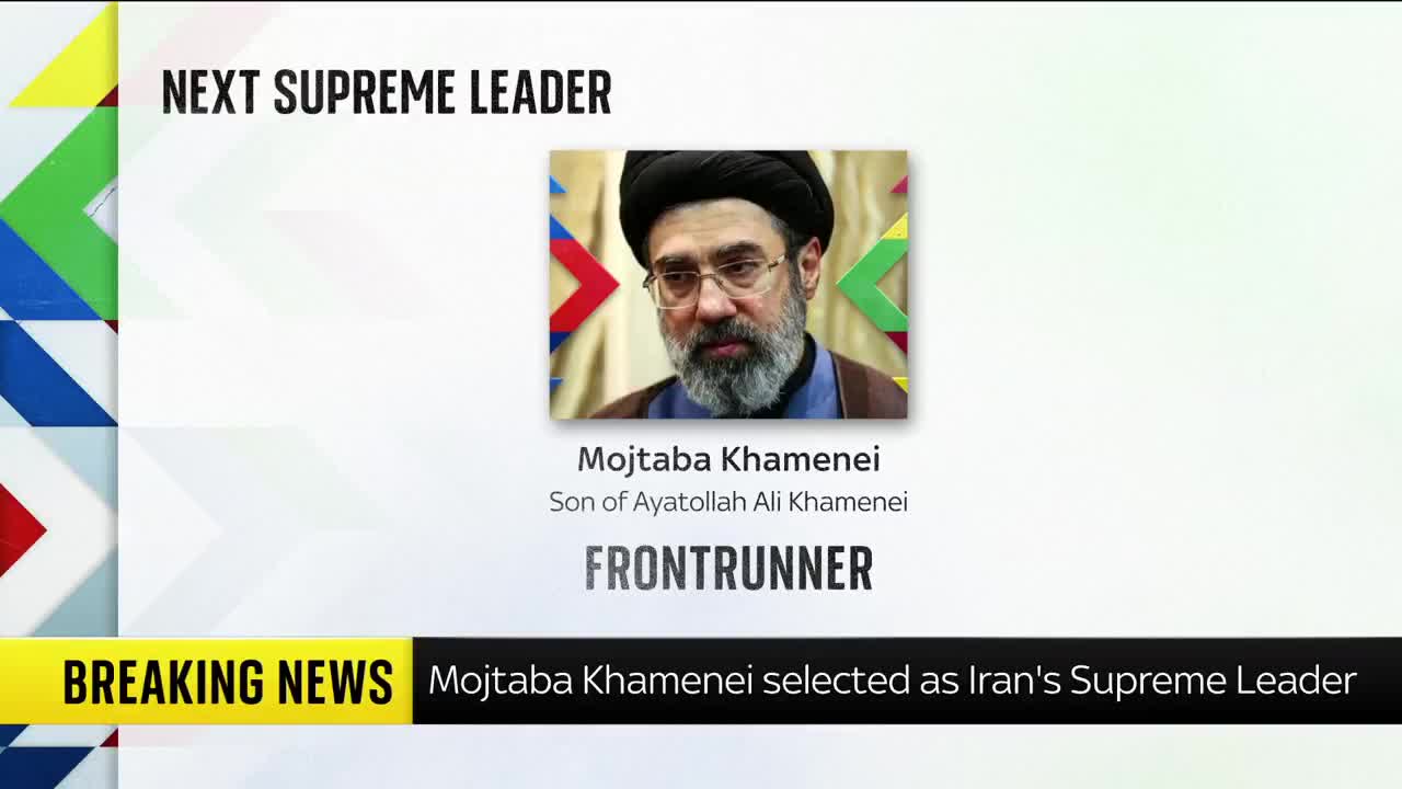   لحظه اعلام رهبری آیت‌الله مجتبی خامنه‌ای در خبر فوری شبکه اسکای نیوز انگلیس