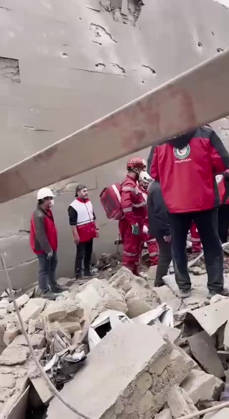 سگ زنده یاب هلال احمر، یک نفر را در زیر آوار کشف کرد و امدادگران او را نجات دادند