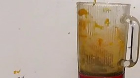 صحنه آهسته جالب. افتادن پرتقال در مخلوط کن