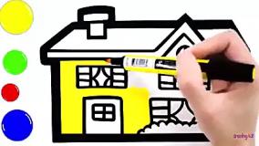 نقاشی کودکانه رنگین کمان , هواپیما , خانه