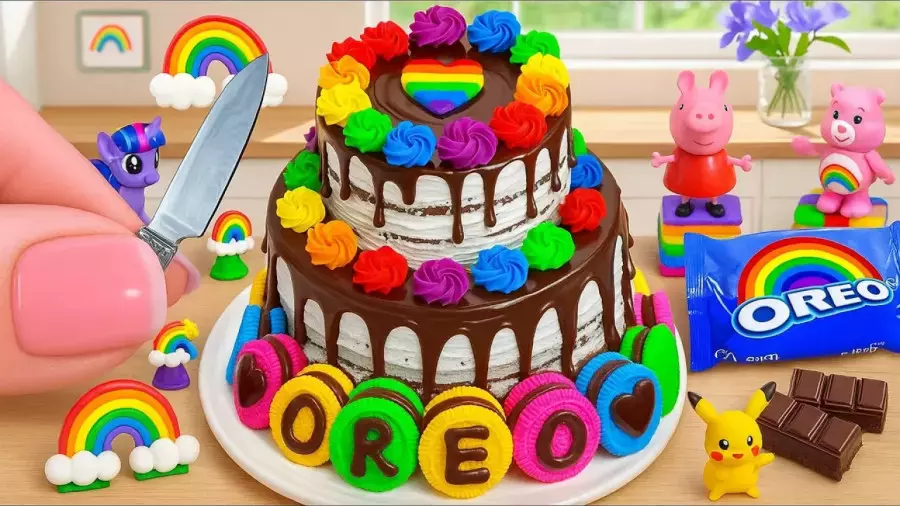 مینی کیک اورئو رنگین کمانی  | تزئین کیک رضایت بخش مینیاتوری