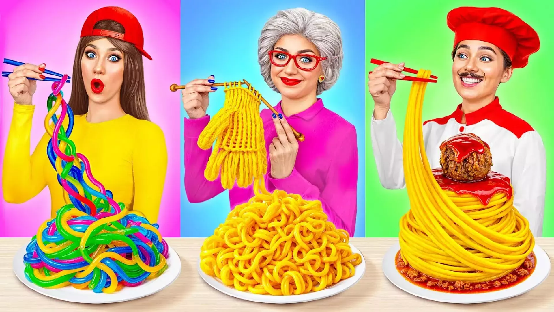 چالش غذاهاچالی رنگین کمانی /چالش خوردن با چوب غذاخوری/چالش سریع ترین غذا خور