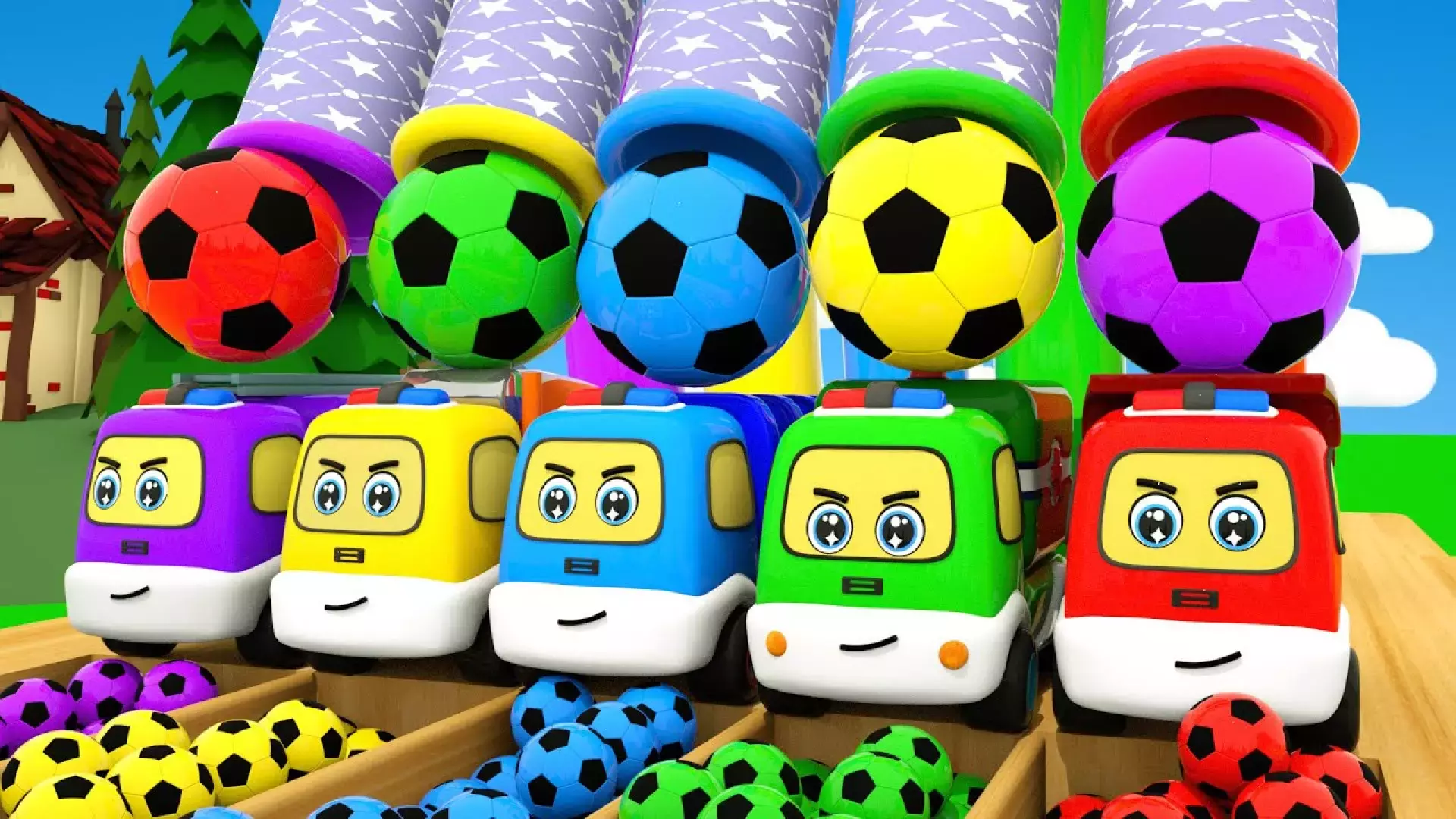 کارتون ماشین بازی ، اتوبوس های کوچک رنگی و توپ های رنگی ، ماشین بازی کودکانه