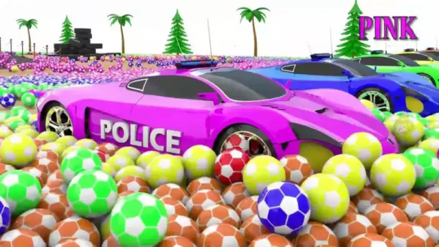 کارتون ماشین پلیس رنگی روی چرخ و فلک - ماشین بازی رنگی با توپ ها