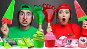 چالش غذای خنده دار خوراکی قرمز و آبی | چالش خوراکی سه نفره بانوان سرگرمی