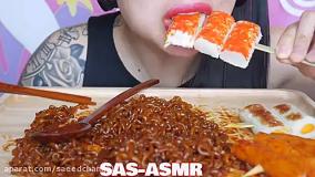 چالش فود آسمر | ASMR CHALLENGE / خوردن نودل و سوشی