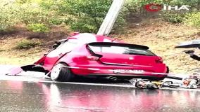 لحظه تصادف مرگبار در جاده بر اثر بارش شدید باران!