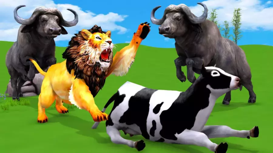 کارتون مبارزه با حیوانات گاو، بوفالو در مقابل شیر زامبی