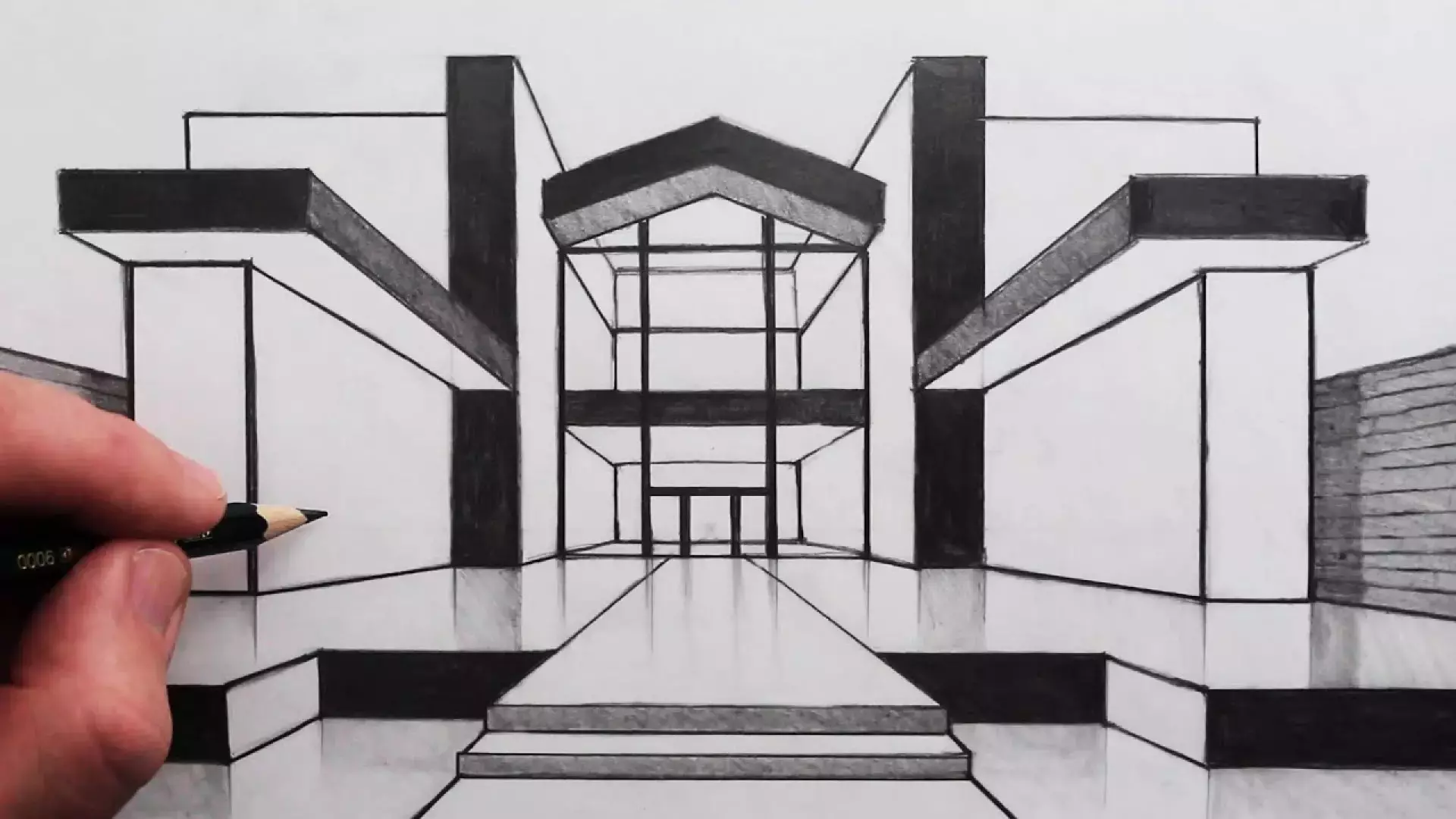 آموزش نقاشی و طراحی | نمای ورودی مدرن خانه | پرسپکتیو یک نقطه ای