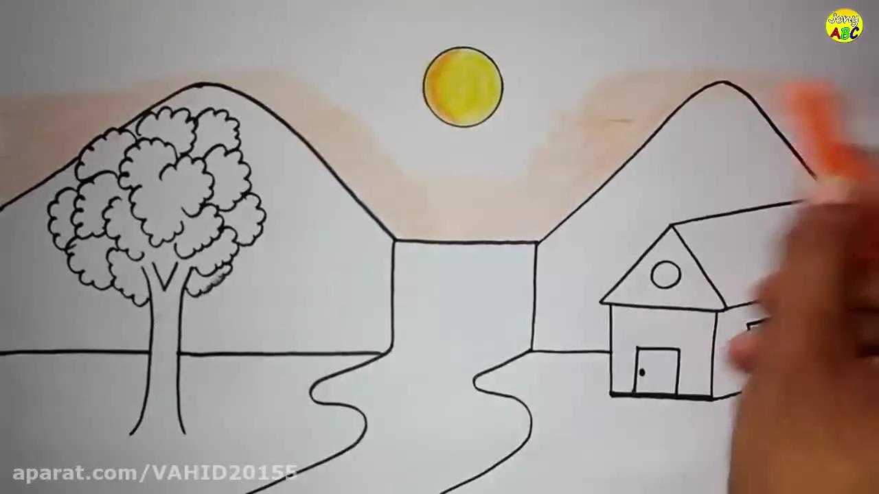 آموزش نقاشی: کشیدن خانه‌ای زیبا در طبیعت برای کودکان